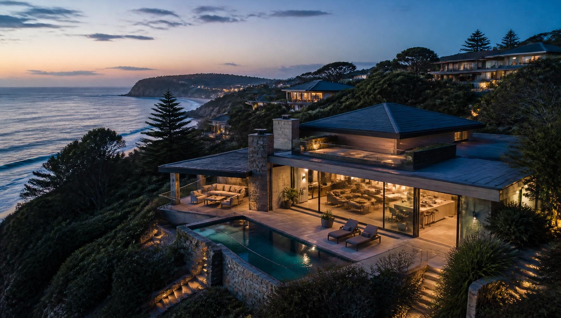 Australian coastal home at dusk