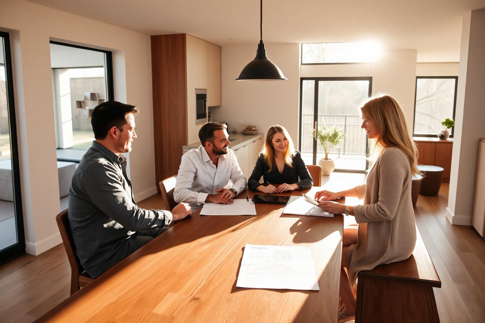 Homeowners discussing renovation plans with an architect in a beautifully renovated modern home