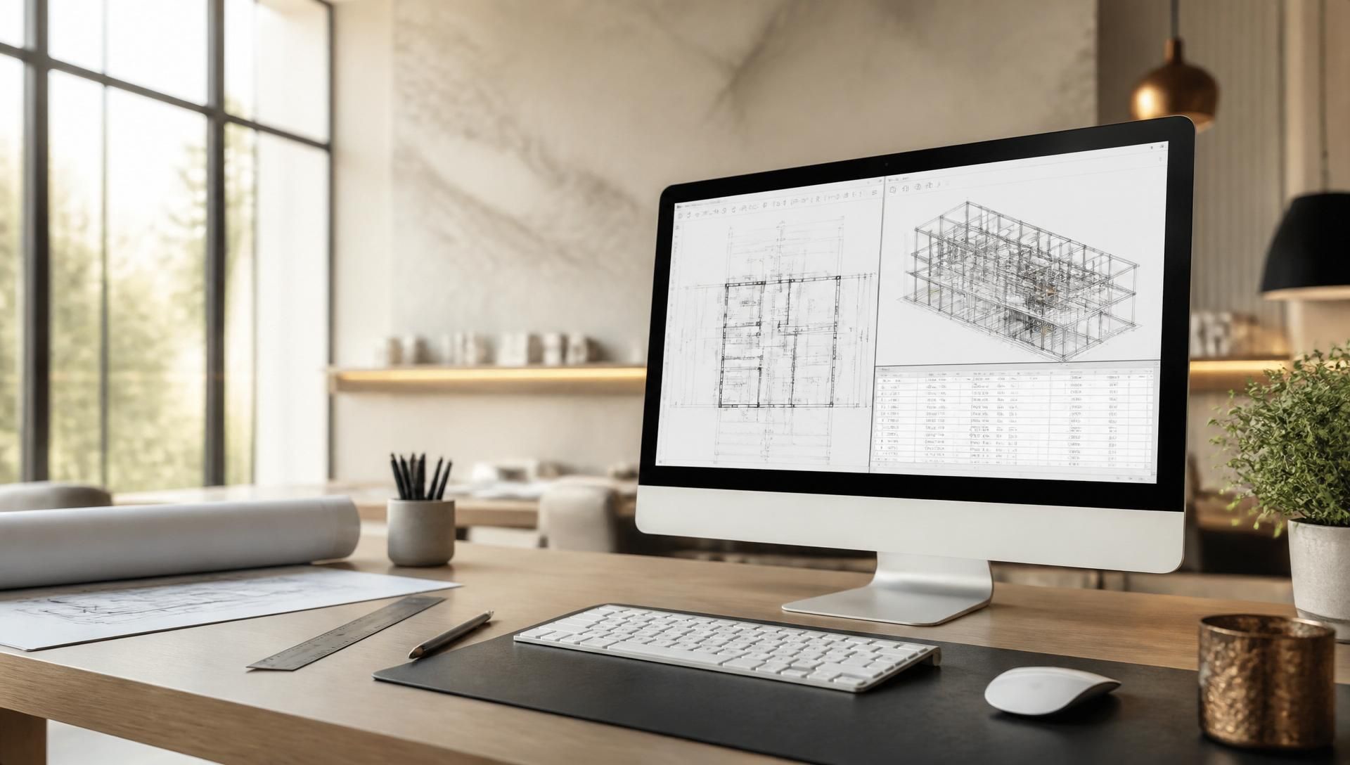 Professional estimator workstation with renovation plans and digital takeoff on screen