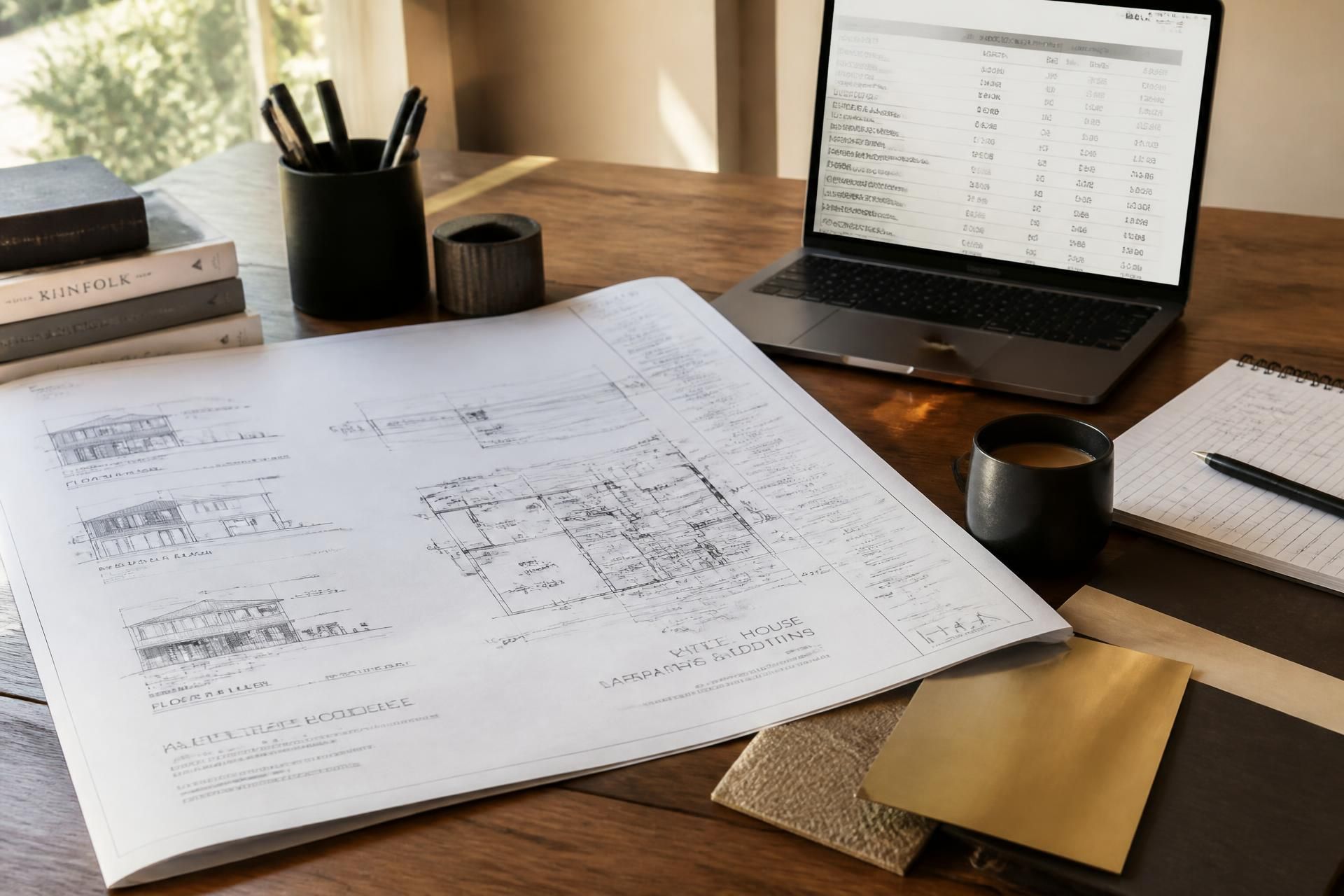 Professional renovation estimating desk with blueprints and laptop