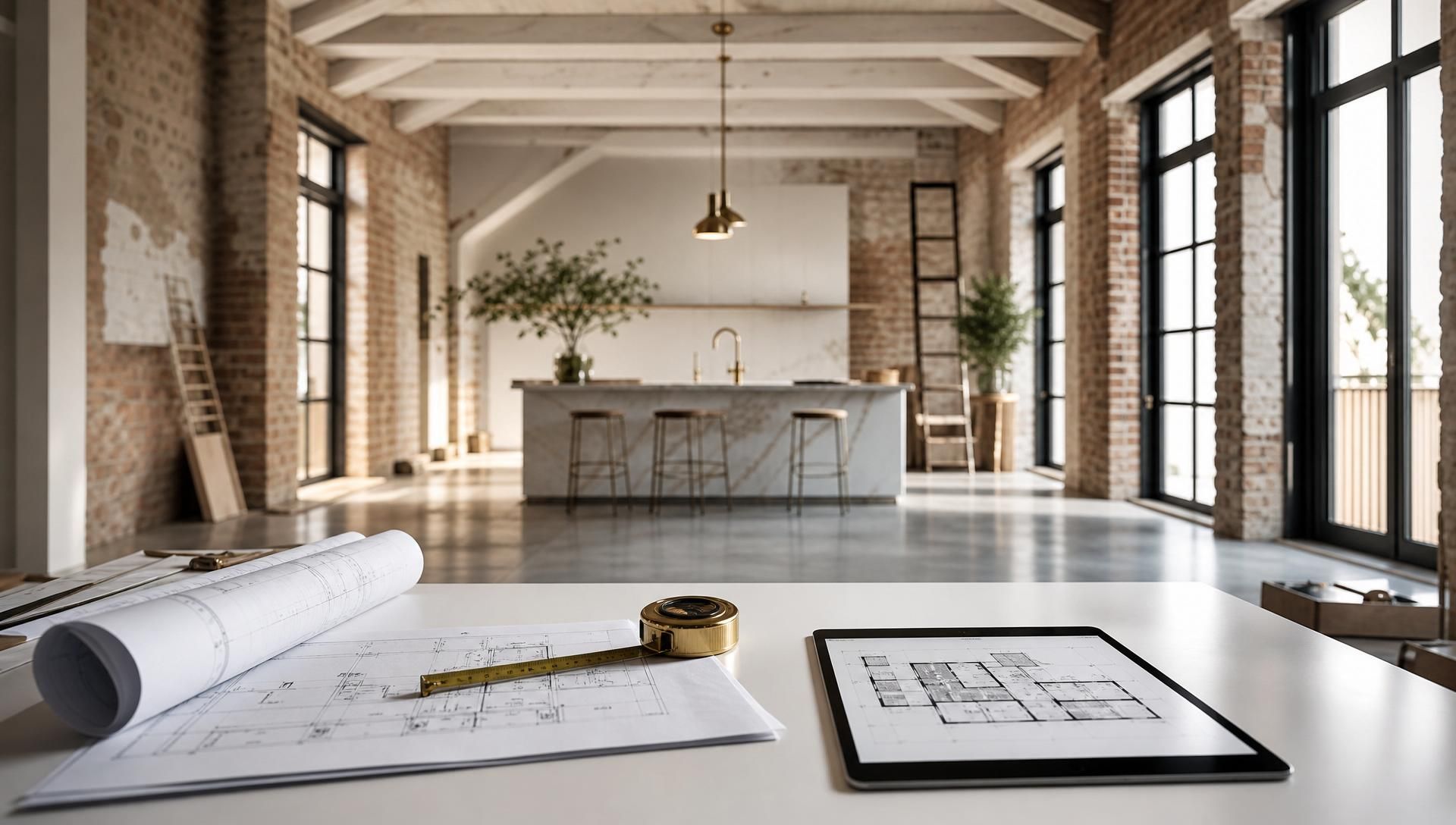 Architectural renovation interior with blueprints and measuring tools