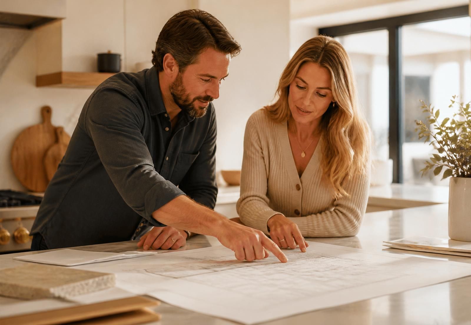 Builder reviewing renovation plans with a homeowner