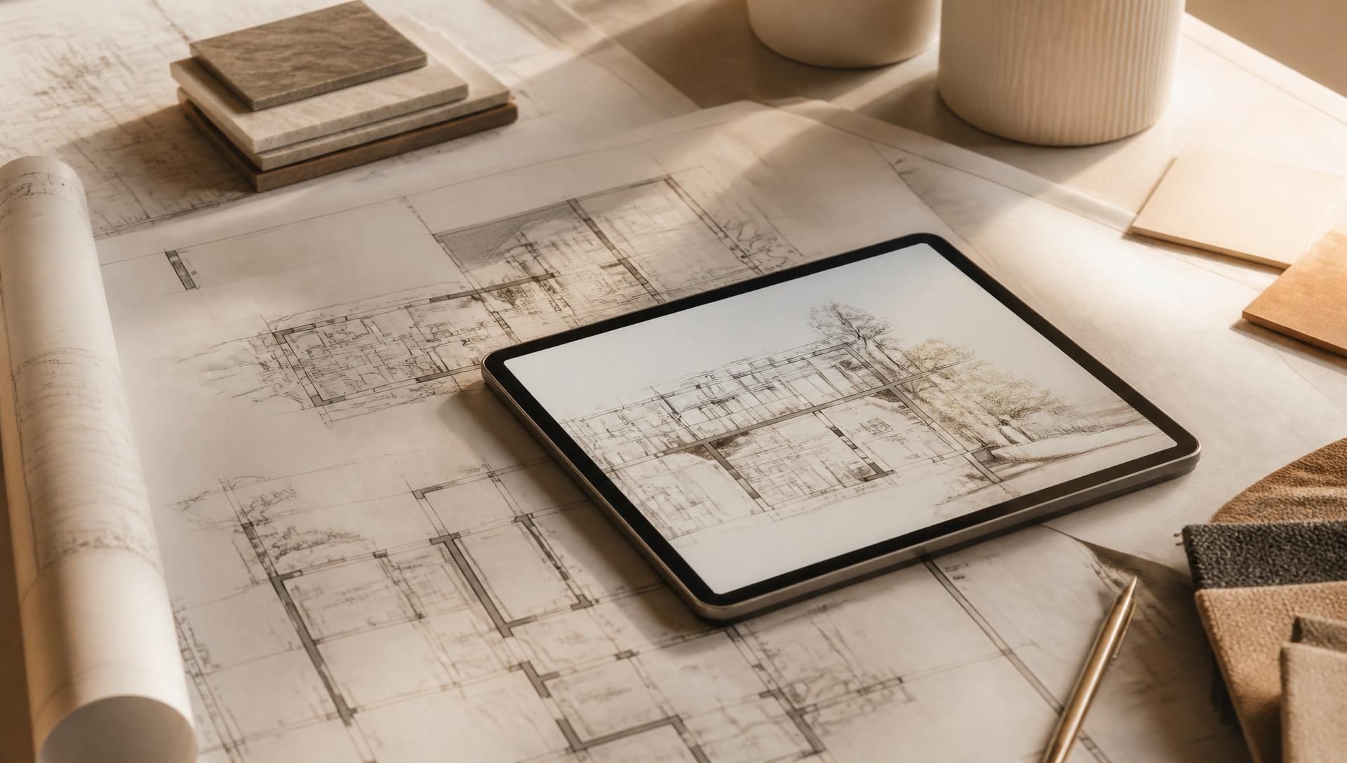 Modern architectural renovation plans on a designer's desk