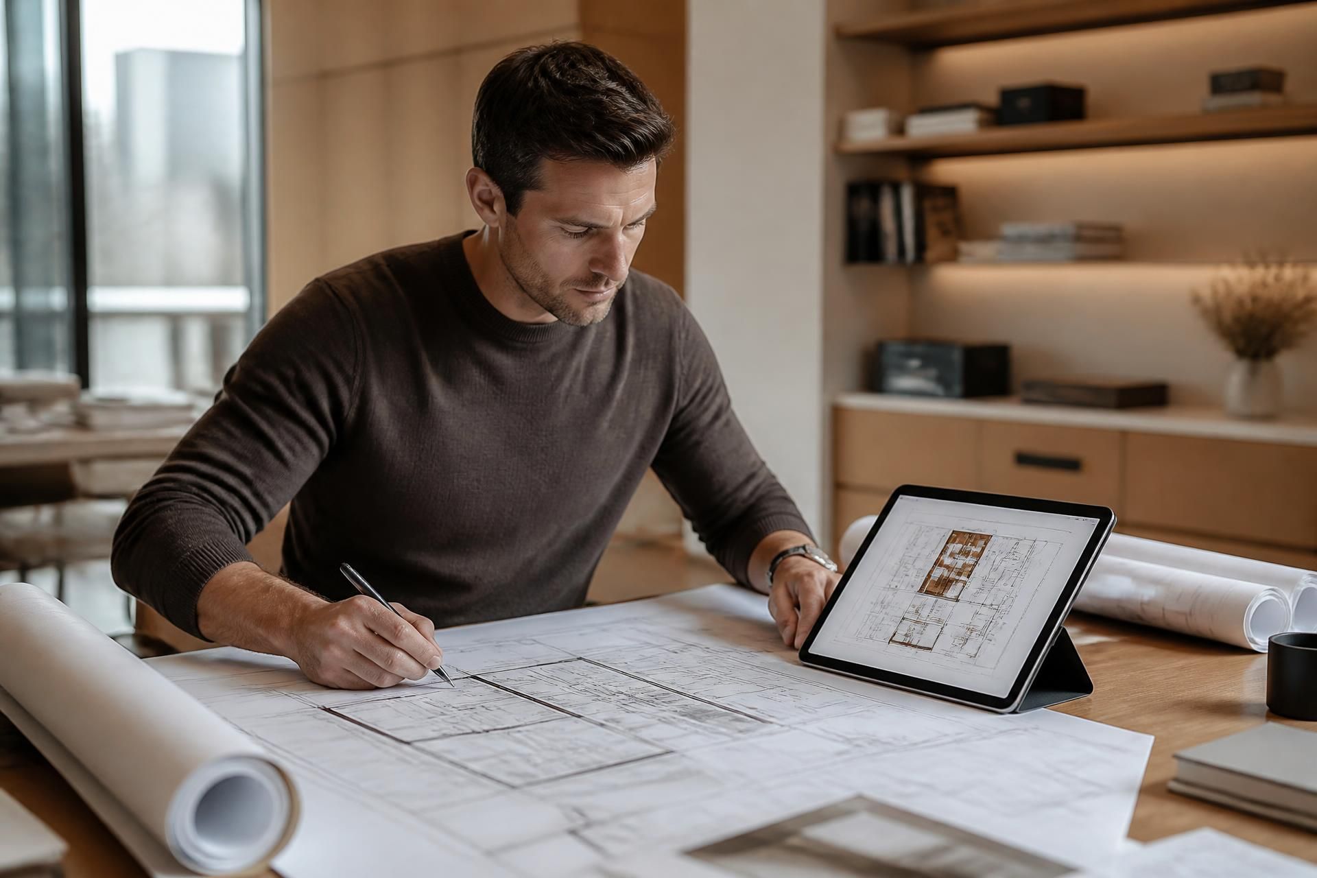 Estimator working with architectural drawings and a tablet displaying digital construction plans